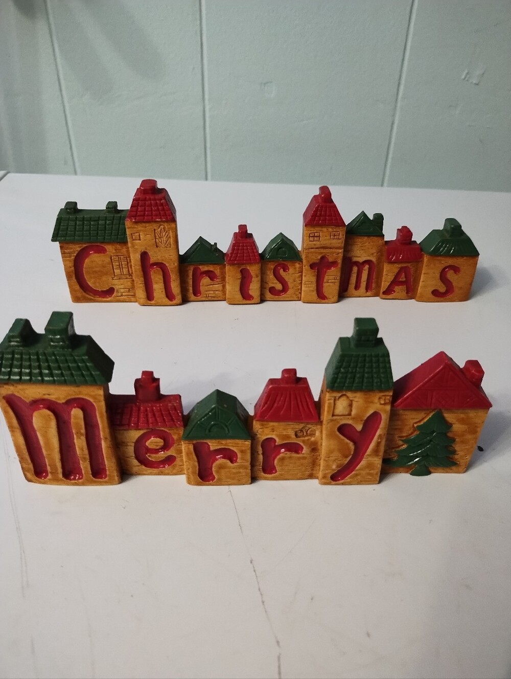Vintage Wooden Merry Christmas Holiday Village Decorative Sign - Red & Green
